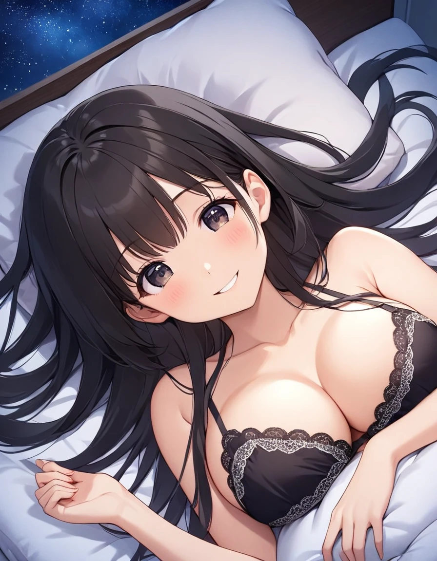 girl, cute, Adorable, Look up here, Straight hair, Long Hair, Black Hair, full breasts, Looking into the camera, Bedroom, night, Starry Sky, smiling, Bralette, lying on bed,
(on back:1.3),
(put head on pillow:1.3),
from above