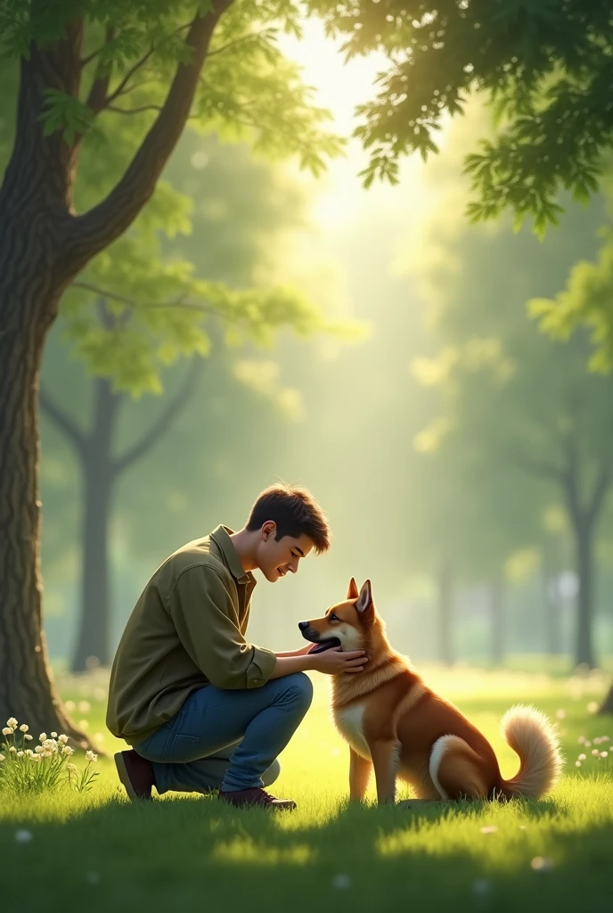 Boy and dog traveling through the valley in spring、The water is still cold、But the light is gaining warmth，Boy in jeans and white shirt、Dogs are small dogs、Spring flowers are blooming at your feet