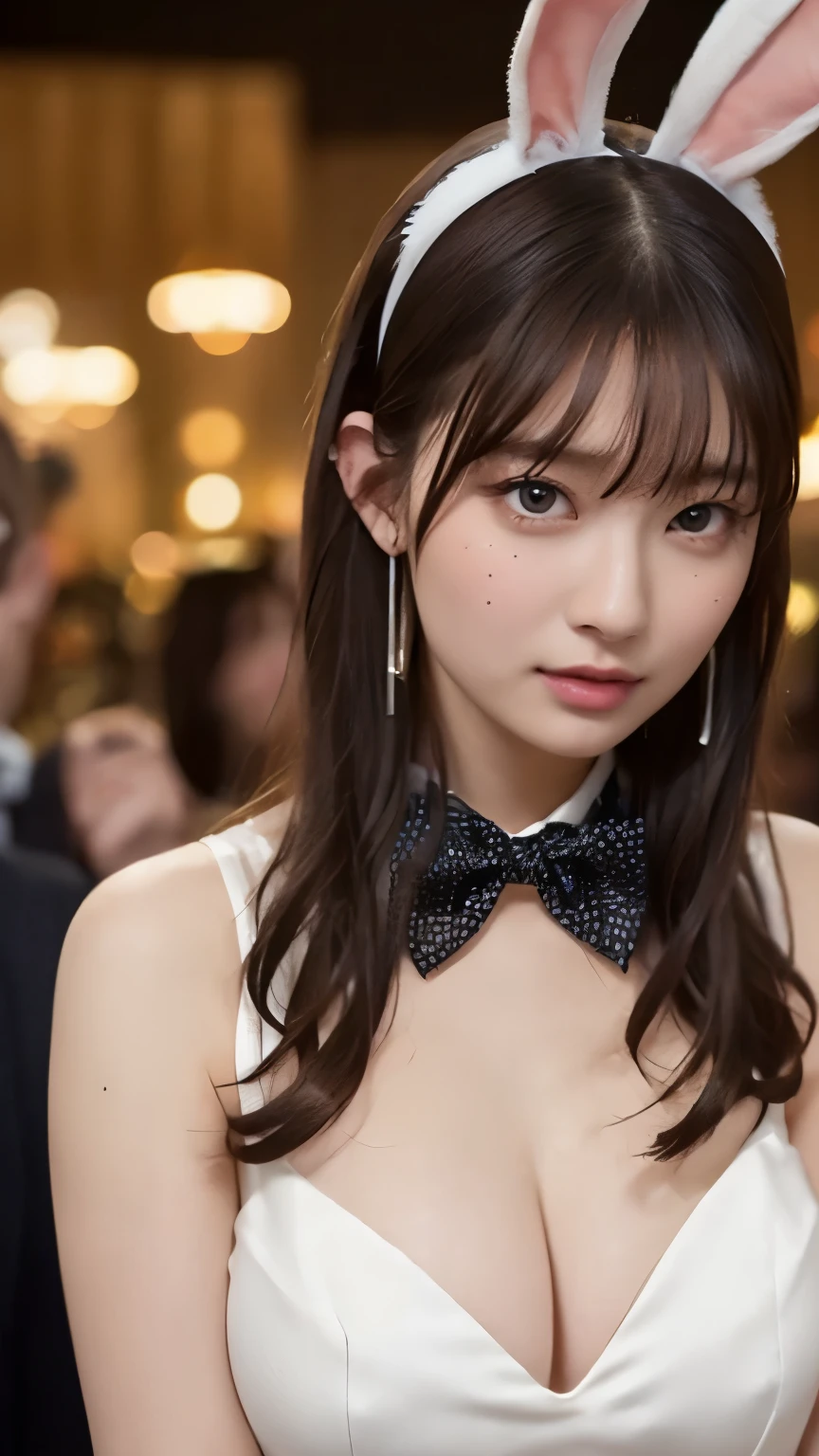 Tabletop、(Upper body shot:1.2)、(8k, RAW Photos, Highest quality, masterpiece: 1.2)、Very detailed、Super Resolution、Straight Hair、Natural color lip、Lip gloss、Heavy eye makeup、eyelash、Black and red satin bunny suit、((Rabbit ears headband、A bow tie))、Revealing clothing、Gorgeous Accessories、Huge breasts、Big Breasts:1.2、(Background of a high-end nightclub with a night view1.2)、(Dynamic Sexy Pose 1.2)、(Gorgeous Theme 1.2)、(With cleavage 1.2)、(((Blurred Background:1.5、Cinema Lighting、Professional Photographer)))