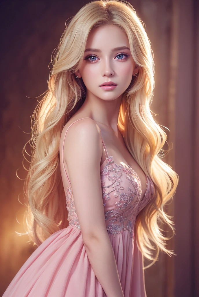 Masterpiece, Young Beautiful Girl has long long blonde hair and grey eyes, 1girl, AS-Adult, long-haired, blonde hair, medium-breasts, little pink dress, grey eyes, wavy-hair, no bangs, symmetrical face. (Best Illustration), (beautiful-detailed eyes), (Best Quality Face, Fingers), Symmetrical, smooth, sharp focus, illustration, realistic, artstation, award winning photography, octane render, cinematic lighting from the right, hyper realism, octane render, 8k, depth of field, 3D. She looks at the viewer. Full Figure. Background mountain chalet
