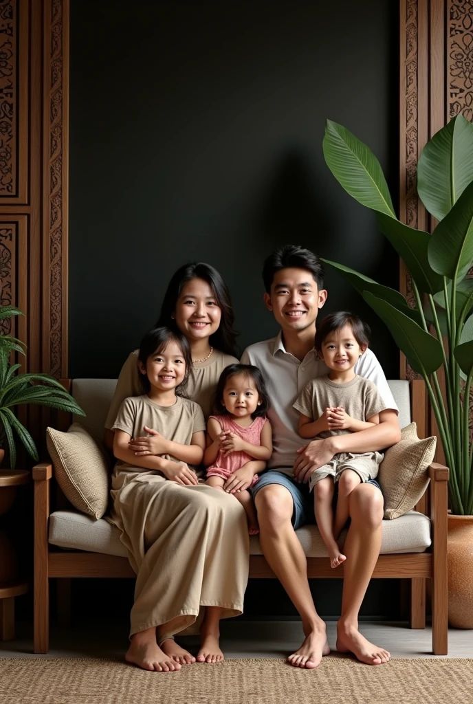 there is a man and woman sitting on a bed with a , happy family, home photography portrait, husband wife and son, shot on nikon z9, shot on canon eos r 5, shot on canon eos r5, an indonesian family portrait, full protrait, at home, potrait, captured on canon eos r 6, taken on go pro hero8