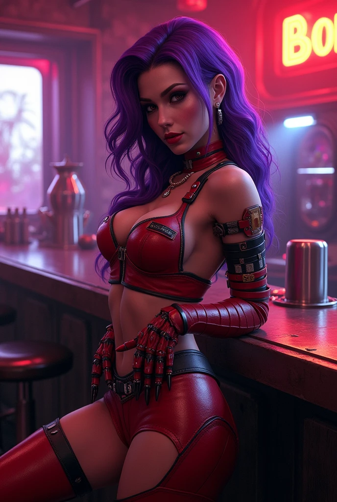 1girl, Asian young woman sitting near ((bar counter)) in ((cyberpunk western saloon)), wearing ((red cyberpunk corset)), ((black cyberpunk petticoat)), ((white cyberpunk stockings)), ((high cyberpunk boots on heels)), makeup, ((cyberpunk style)), seductive, sexy, hot, sultry, shapely, full body render, fine detail, highest quality, skin texture, intricate details, (cinematic lighting), RAW photo, 8k, perfect face, perfect body, beautiful, hyperrealism, trending on artstation