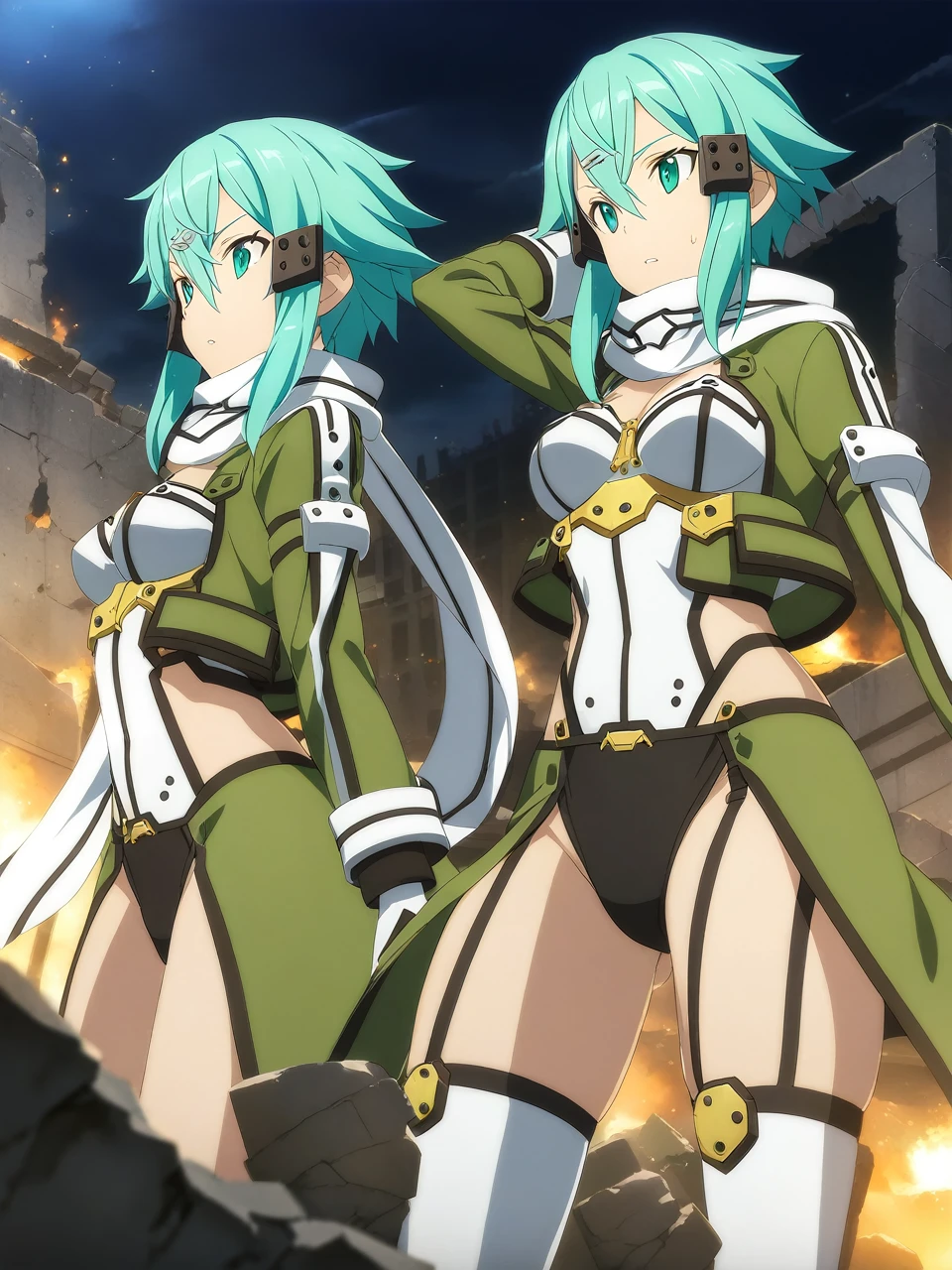 sinonggo, aqua eyes, short hair, aqua hair, sidelocks, hair between eyes, hairclip, hair ornament, green jacket, leotard, scarf, black shorts, gloves, long sleeves, medium breasts,
BREAK
urban battlefield, ruins, night sky, depth of field, cinematic, game cg, anime screencap, official art, masterpiece, best quality
(((cloned face)))
(((similar identical twins)))
All the girls have the exact same face, The two have the same face and figure, as if they were mirror images