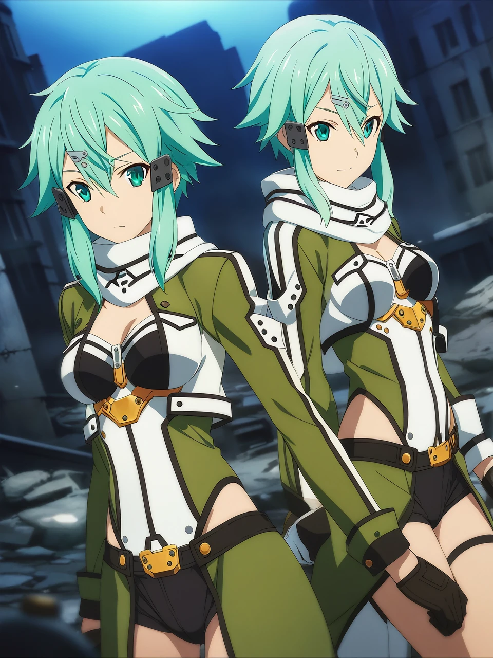 sinonggo, aqua eyes, short hair, aqua hair, sidelocks, hair between eyes, hairclip, hair ornament, green jacket, leotard, scarf, black shorts, gloves, long sleeves, medium breasts,
BREAK
urban battlefield, ruins, night sky, depth of field, cinematic, game cg, anime screencap, official art, masterpiece, best quality
(((cloned face)))
(((similar identical twins)))
All the girls have the exact same face, The two have the same face and figure, as if they were mirror images