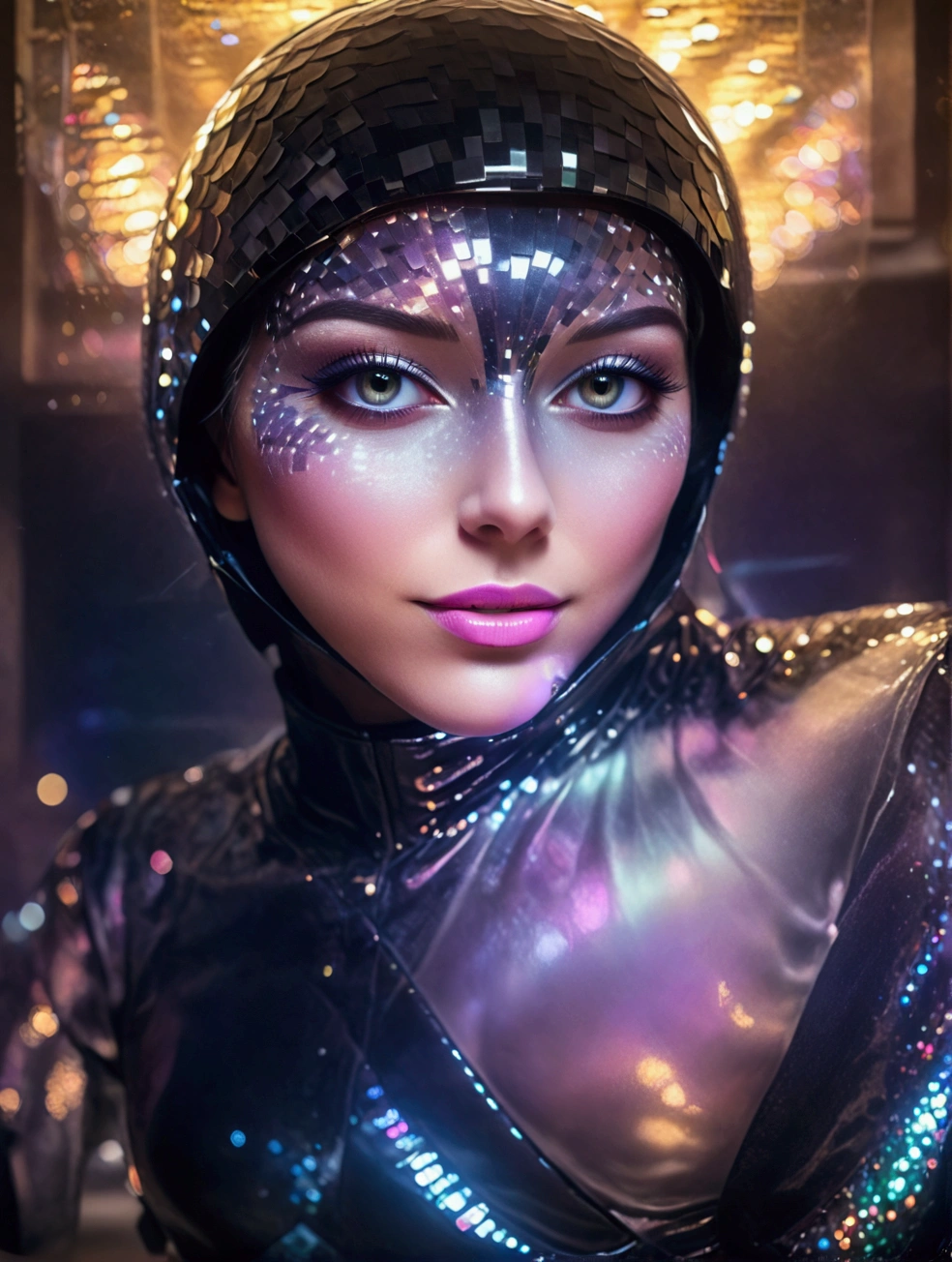 wearing a shimmering, dark sequined outfit with smooth, well-lit skin, futuristic helmet, illuminated by ambient, soft, multi-colored lighting, ethereal, dreamy atmosphere