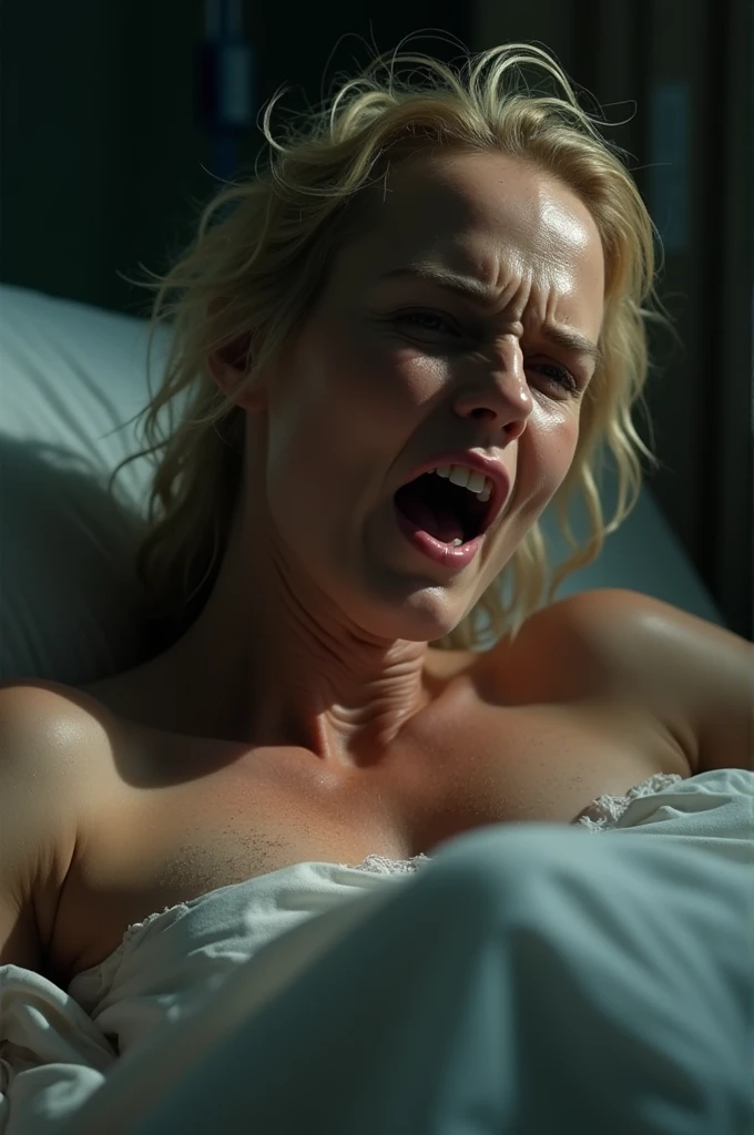 (photorealism:1.2), middle aged caucasian woman, (age 38:1.5), uncomfortable pose, realistic, intricate details, warm colours, blonde white hair, shoulder length bobcut hair, rough face skin, short height, thick thighs, sweaty, sweaty, textured aged skin, visible tanning lines, small breasts, skinny-fit, choker with a cow bell on it, , blue eyes, glasses, black frames, mascara tear marks, aged face skin, in a dark basement, on a soiled mattress, sweaty, dirty, (naked:2.2), laying on her back, pov from above, spanked, vagina centred, dim lighting, mouth wide open, mouth full of milk, white goo on lips, angry, streaming tears, smudged eye makeup