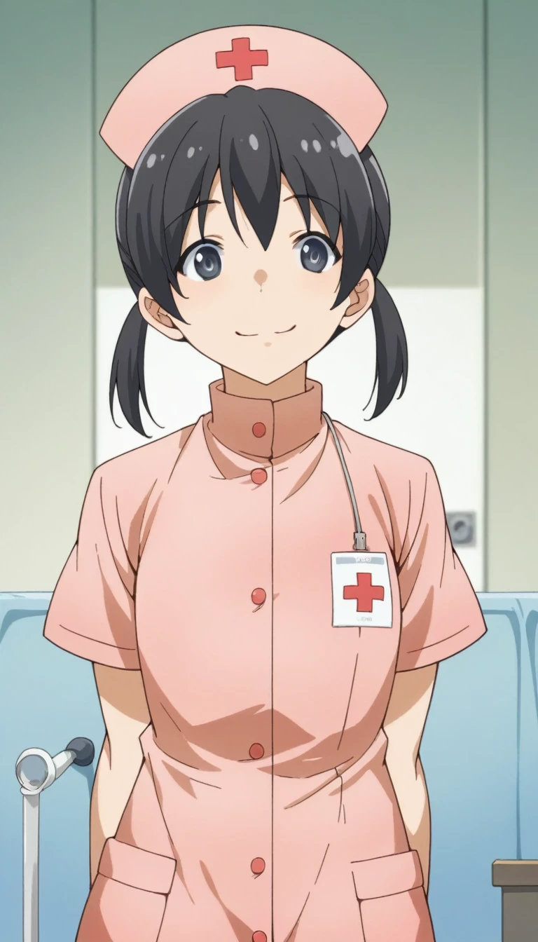 Score 9, Score 8 up, Score 7 up, The evaluation is questionable,
Detailed Background, Glowing Skin,kuramoto_chinatsu, black eyes, black hair, long hair, short twintails,,nurse's outfit,stoop down,,tiny breasts,short of a person,whole body,thin,smiling,from front,daytime,hospital,anime style,high quality,masterpiece,highly detailed