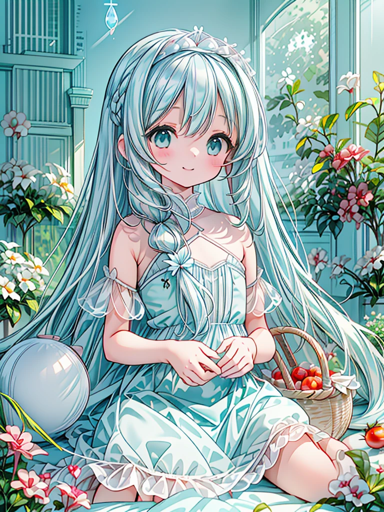 masterpiece, best quality, extremely detailed, (illustration, official art:1.1), 1 girl ,(((( light blue long hair)))), ,(((( light blue long hair)))),light blue hair, , long hair ((blush)) , cute face, big eyes, masterpiece, best quality,(((((a very delicate and beautiful girl))))),Amazing,beautiful detailed eyes,blunt bangs((((little delicate girl)))),tareme(true beautiful:1.2), sense of depth,dynamic angle,,,, affectionate smile, (true beautiful:1.2),,(tiny 1girl model:1.2),)(flat chest),Photorealistic、Chibi Girl（Harvesting cherry tomatoes、A lot of cherry tomatoes in a basket、smile）、Vegetables in a basket、field
