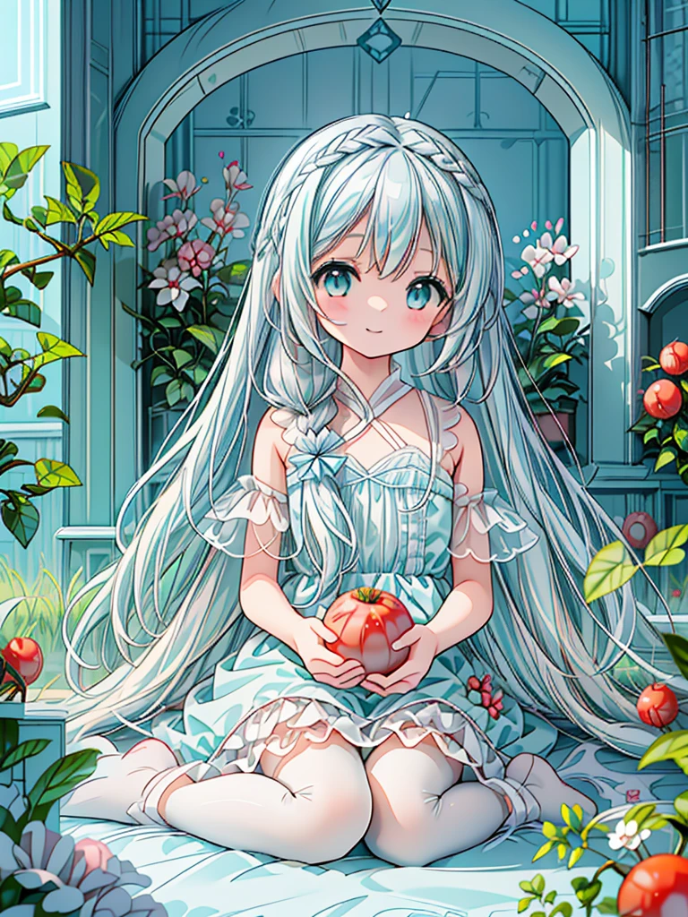 masterpiece, best quality, extremely detailed, (illustration, official art:1.1), 1 girl ,(((( light blue long hair)))), ,(((( light blue long hair)))),light blue hair, , long hair ((blush)) , cute face, big eyes, masterpiece, best quality,(((((a very delicate and beautiful girl))))),Amazing,beautiful detailed eyes,blunt bangs((((little delicate girl)))),tareme(true beautiful:1.2), sense of depth,dynamic angle,,,, affectionate smile, (true beautiful:1.2),,(tiny 1girl model:1.2),)(flat chest),Photorealistic、Chibi Girl（Harvesting cherry tomatoes、A lot of cherry tomatoes in a basket、smile）、Vegetables in a basket、field
