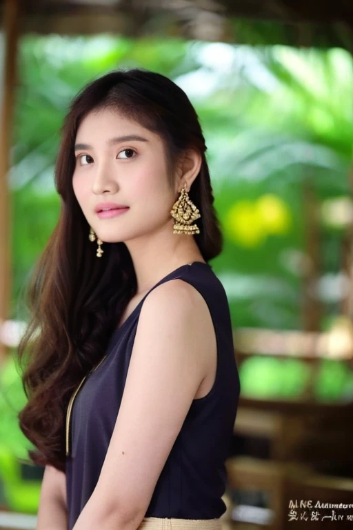 an asian girl with long, wavy hair that flows naturally over her shoulders, wearing a navy blue sleeveless top and matching bottoms. Intricate gold earrings add a touch of elegance. A low beam of light from the left creates a warm and intimate atmosphere with soft shadows. Smooth and radiant skin adds a fresh and confident look to the image. A neutral indoor background focuses attention on the subject.