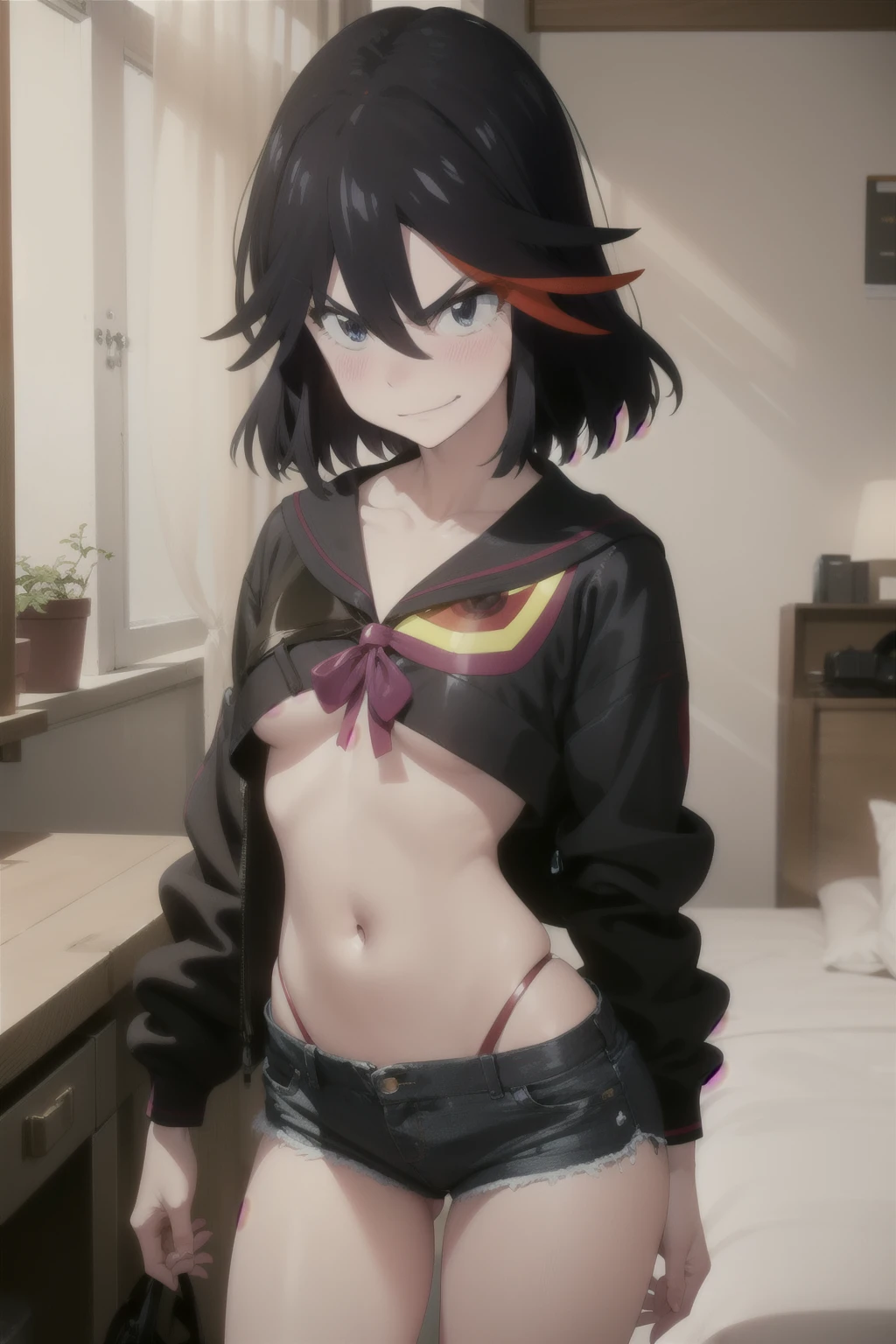 Anime style, ryuuko matoi  short hair  ,  angry face smile , blush,  small breasts,  mini shirt  , top , sexy micro  shorts jeans .Back , bedroom 