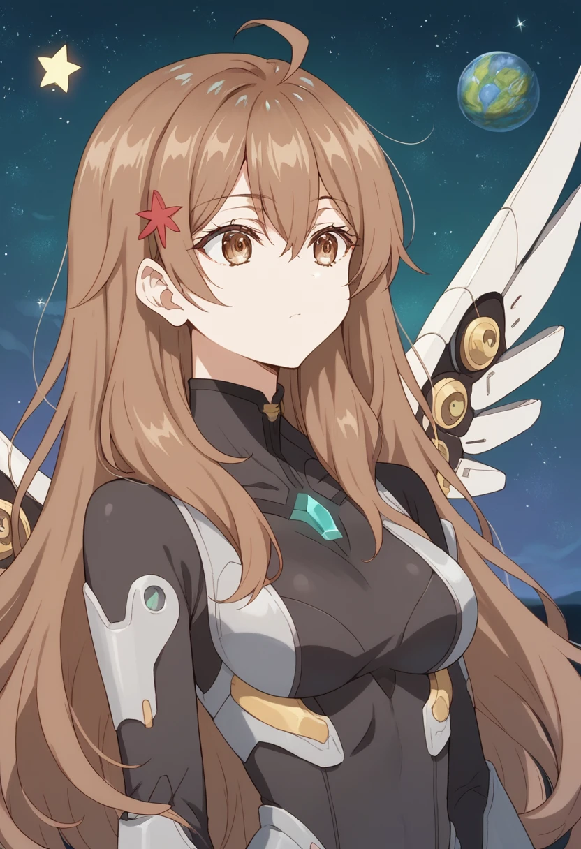 Score_9, Score_8_up, Score_7_up, source_anime, mariamikhailovnakujou,mariamikhailovnakujou, long hair, bangs, brown hair, hair ornament, hair between the eyes, brown eyes, Ahoge,space, stars, galaxy, nebula, floating, bodysuit, mechanical wings,very long hair, night scene, outdoors