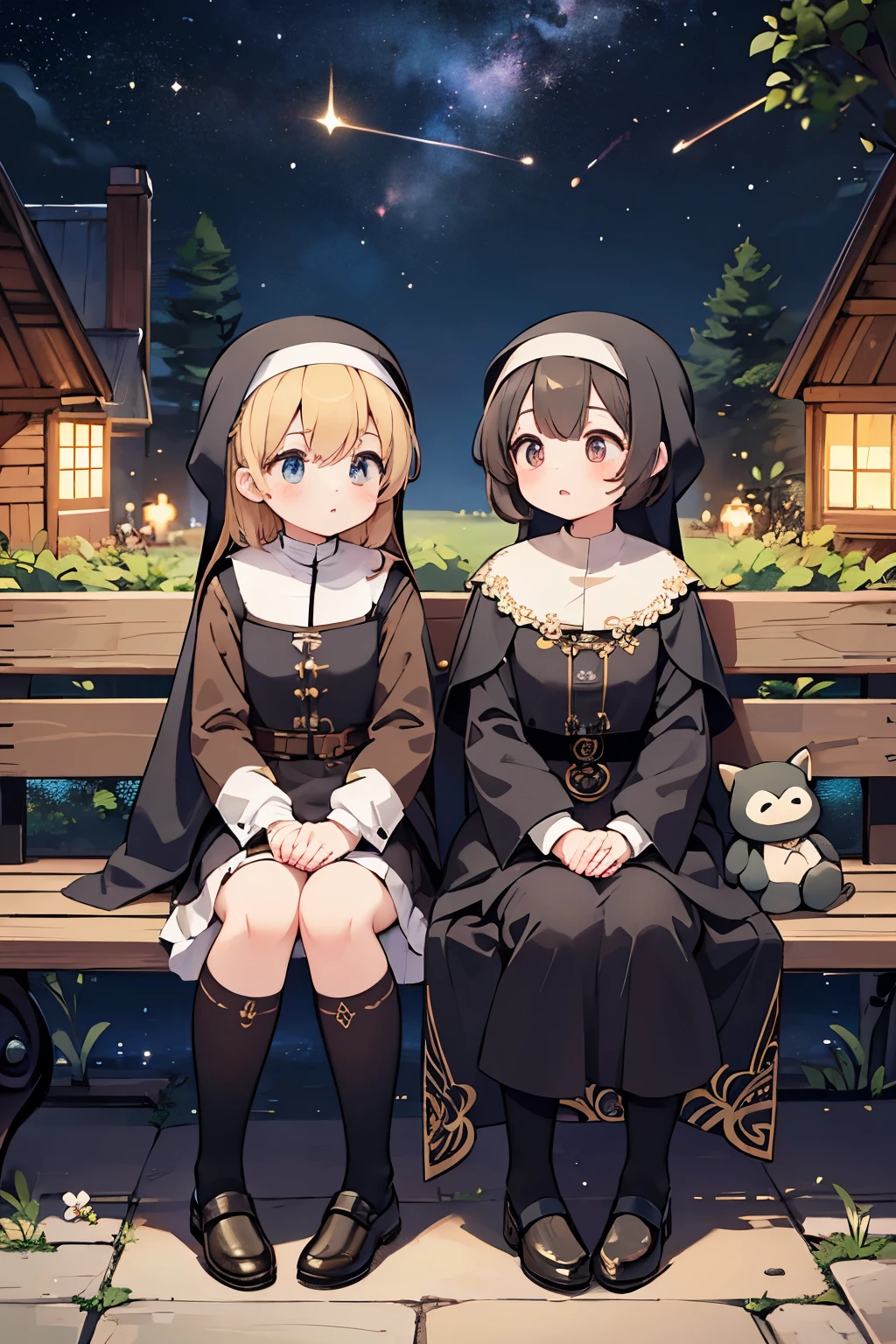 (Highest quality:1.2)。steampunkai。Two Women。A cute little witch and a cute little nun。The two of them sit side by side on a bench。(They both look up at the night sky in shock.)。The background is the galaxy。