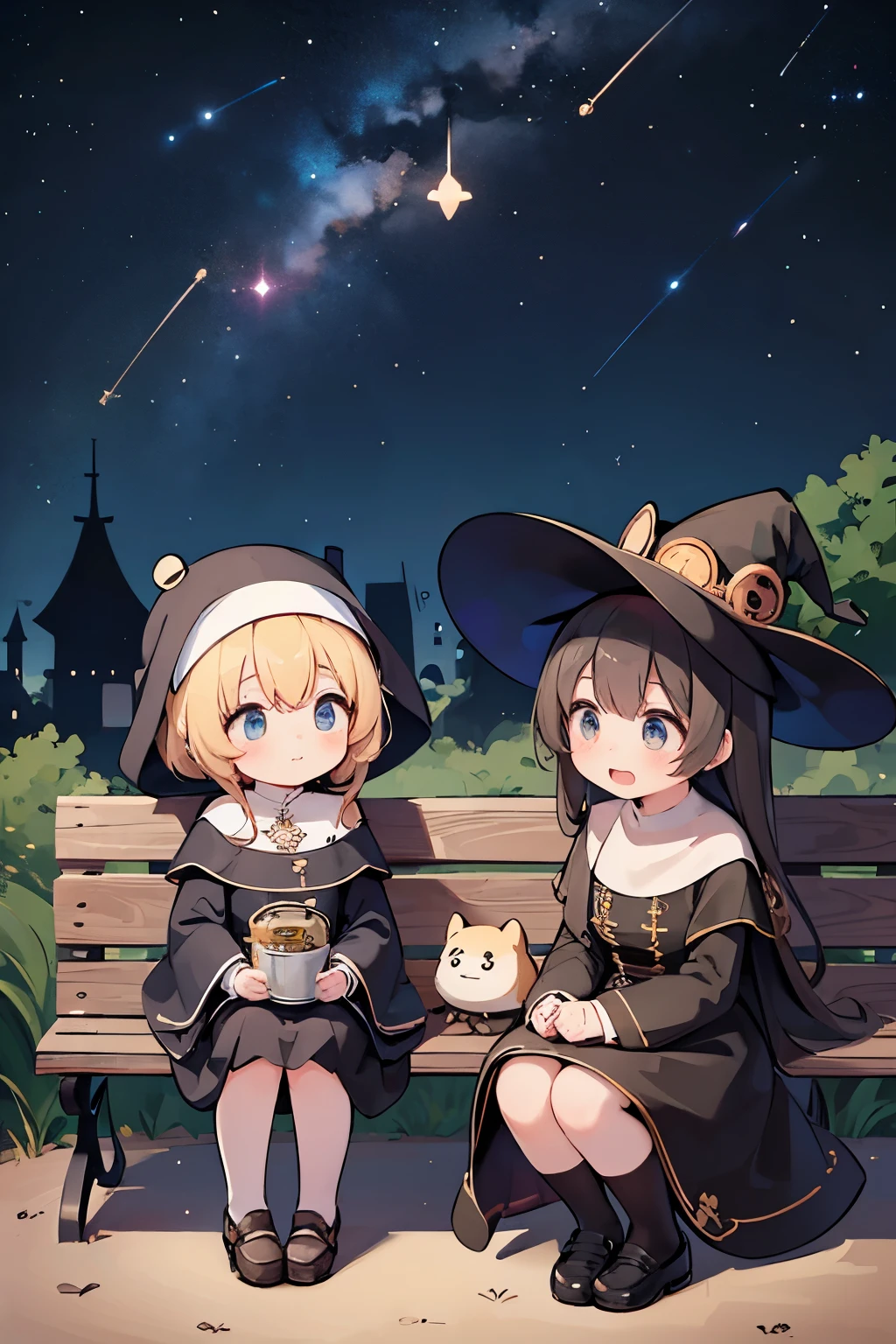 (Highest quality:1.2)。steampunkai。Two Women。A cute little witch and a cute little nun。The two of them sit side by side on a bench。(They both look up at the night sky in shock.)。The background is the galaxy。