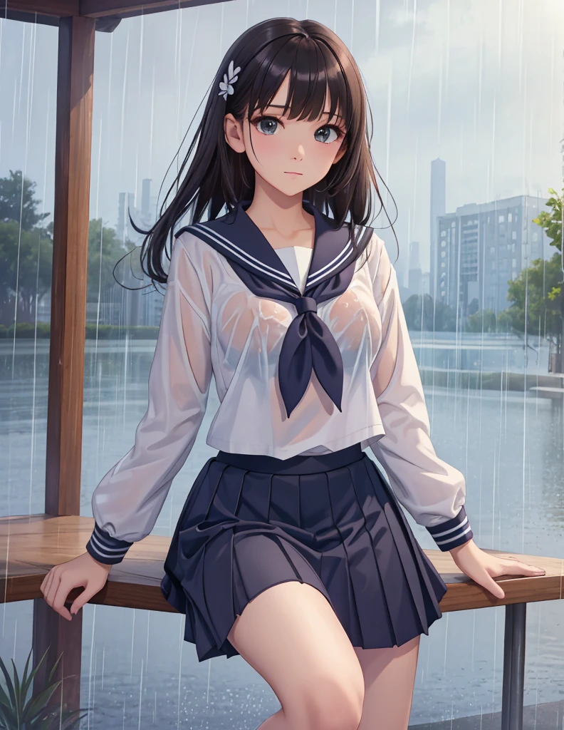 (8k, Highest quality, masterpiece: 1.2), Ultra-high resolution, 1 person, cute, Small breasts, Highly detailed face, School Uniform, Sailor suit, rain, soaked, Black Bra, below knee length skirt