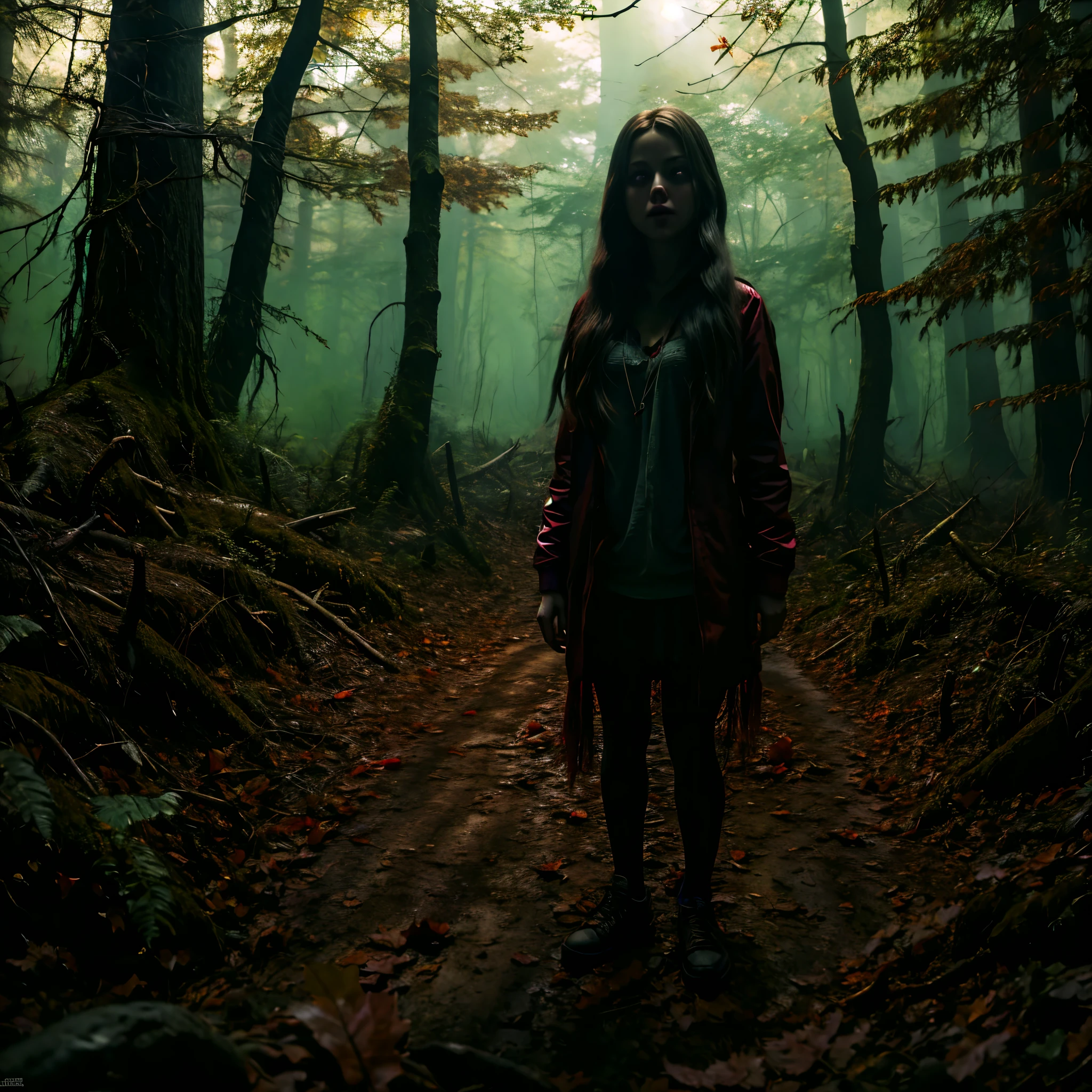 horror scene, knife, outdoors, night time, dark woods, evil woods, gore, glowing eyes, girl, woods, gore, chiaroscuro, cinematic lighting, ray tracing, Ultra-Wide Angle, UHD, masterpiece, textured skin, super detail, best quality, highres, 4K