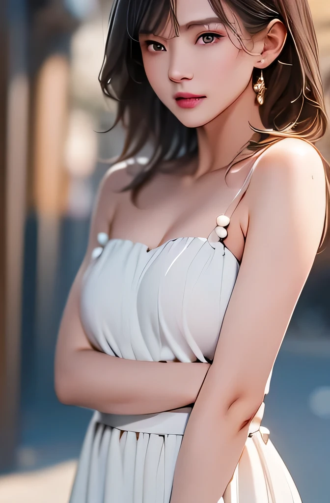 (((best quality))),1 female,slender face,(((arms behind))),(((cool beauty))),Black Hair,Brown Eyes,medium hair,straight hair,small breasts,looking at viewer,25 years old,No pubic hair,Height: 160cm,(full body),blouse,Standing in a busy street at night,mini skirt,Provocative look,bangs,Seductive expression