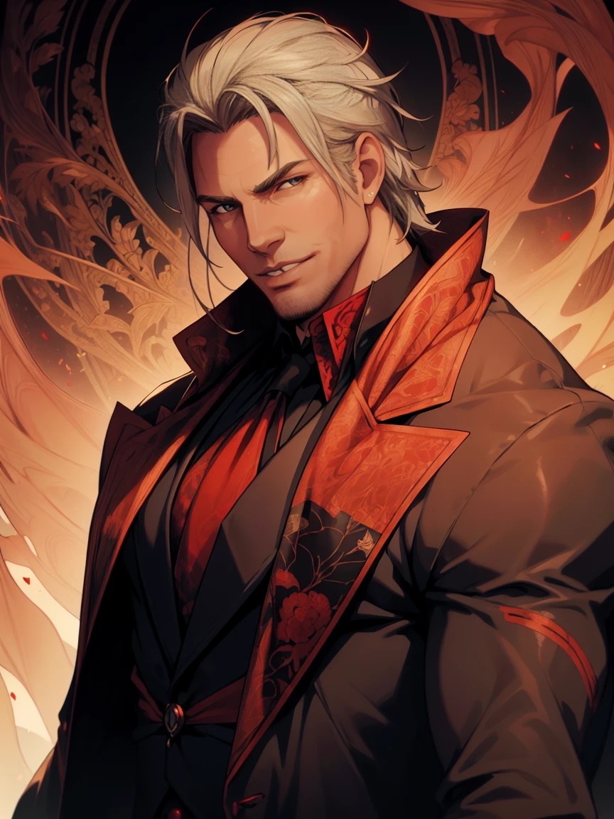 1man, vampire, handsome, pale grey skin, prominent muscular body, seems longer fangs, smile, shining red eyes, Art Nouveau Style, wearing Nouveau Suitcoat, nouveau-psychedelic background, hd, high quality, realistic-style, ultra-realistic, hyperrealistic, closer distance face, closer distance head, his distance pressing against me, 8k resolution
