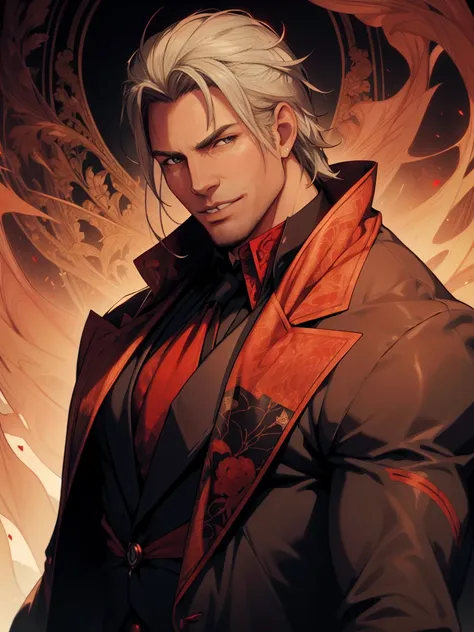 1man, vampire, handsome, pale grey skin, prominent muscular body, seems longer fangs, smile, shining red eyes, art nouveau style...