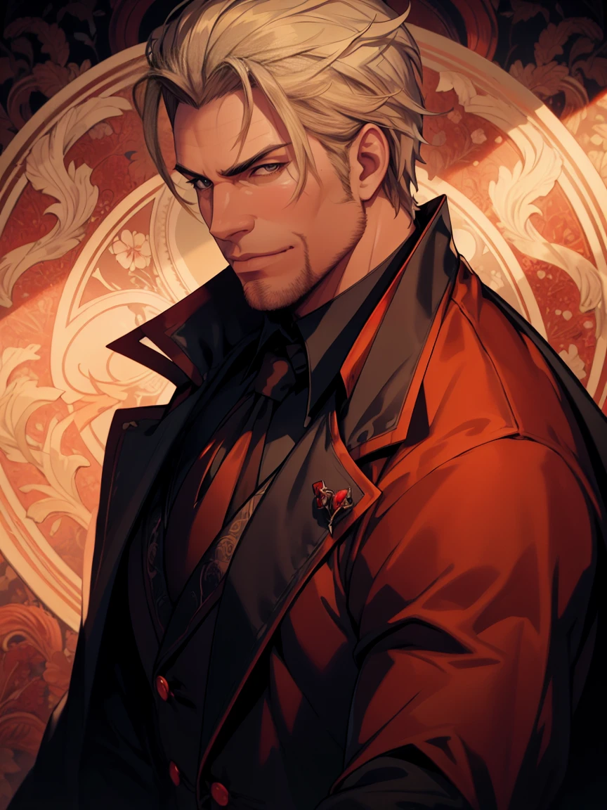 1man, vampire, handsome, pale grey skin, prominent muscular body, seems longer fangs, smile, shining red eyes, Art Nouveau Style, wearing Nouveau Suitcoat, nouveau-psychedelic background, hd, high quality, realistic-style, ultra-realistic, hyperrealistic, closer distance face, closer distance head, his distance pressing against me, 8k resolution
