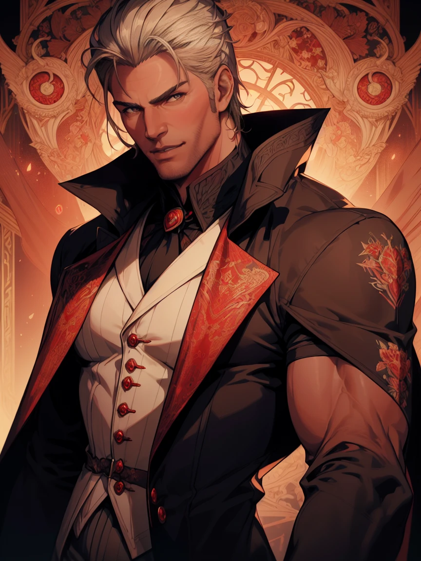 1man, vampire, handsome, pale grey skin, prominent muscular body, seems longer fangs, smile, shining red eyes, Art Nouveau Style, wearing Nouveau Suitcoat, nouveau-psychedelic background, hd, high quality, realistic-style, ultra-realistic, hyperrealistic, closer distance face, closer distance head, his distance pressing against me, 8k resolution
