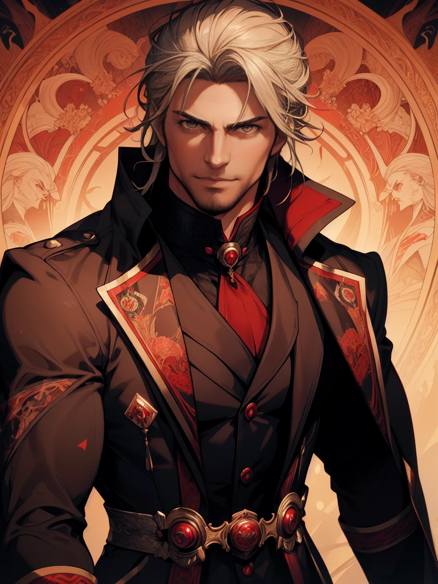 1man, vampire, handsome, pale grey skin, prominent muscular body, seems longer fangs, smile, shining red eyes, Art Nouveau Style, wearing Nouveau Suitcoat, nouveau-psychedelic background, hd, high quality, realistic-style, ultra-realistic, hyperrealistic, closer distance face, closer distance head, his distance pressing against me, 8k resolution
