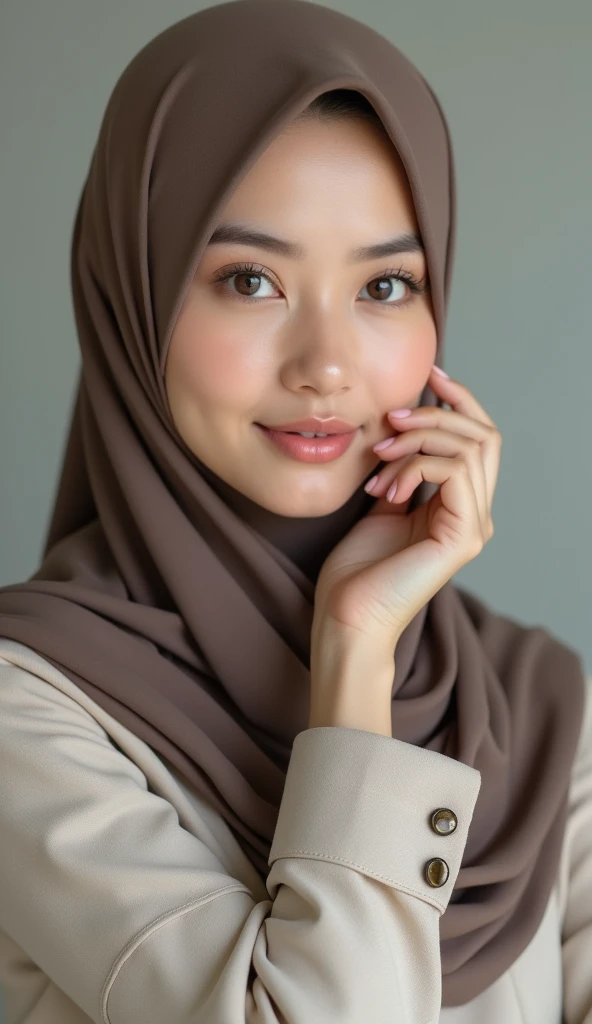 Portrait of 30 years old muslim woman wearing a hijab, proper face, standing streight, frontal view, looking at camera, no facial expression, no make-up, photorealism:1.2, high detail, high resolution, 4K, UHD