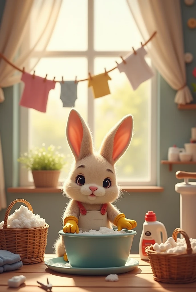 A cartoon character that is "bugs bunny" in a daycare setting, he has a small short body like a bunny does, he's also have big balls that are full cum and he also as a large horse-cock hanging out, precum is giving a beautiful gorgeous glow from being hit by the sunlight, crying face, detailed face, 8k resolution on the face, semi realistic,