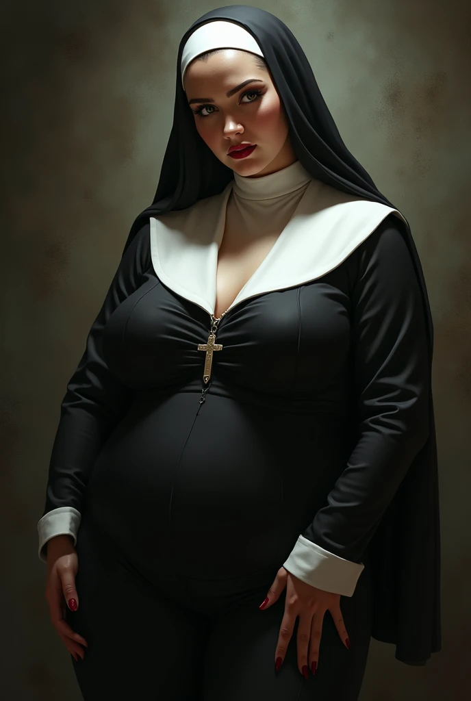 High quality image, masterpiece, detailed hair texture, detailed skin texture, detailed cloth texture, 8k, add fabric details, ultra detailed skin texture, ultra detailed photo, skin pores, cloth details, high skin details, realistic hair details, portrait of a woman with chubby body, wearing a tight nun clothes, curvy body, with simple background