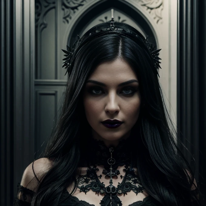 1 woman, European face, European eyes, pretty face, 30 years old, age 30, black long hair, black, green eyes, gothic style, wearing a long black dress, ultra detailed face, hyperrealistic, realistic representation, full body view, gothic style, dancing at a gothic festival