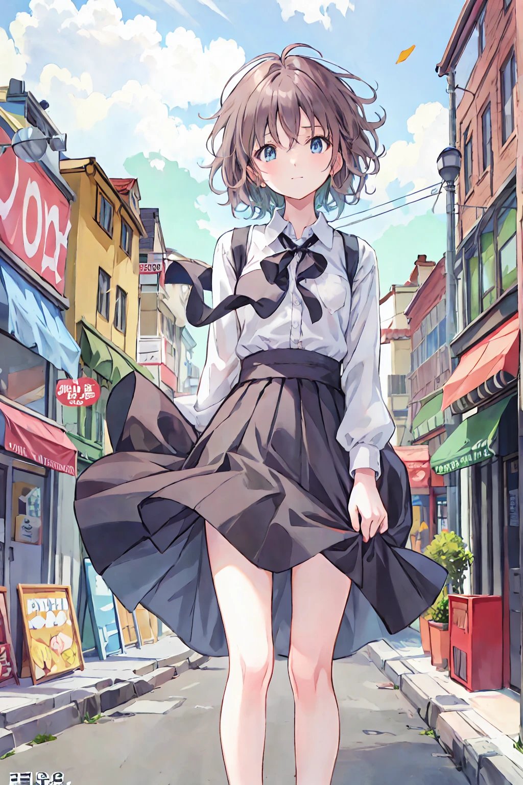 Brown Hair，Shortcuts，Messy Hair，Slender beauty，A dignified posture，Small chest，Beautiful feet，Her captivating grey-blue eyes shine like stars，（Cute older sister:1.3）、Long eyelashes、smile,Spring atmosphere、noon、Aggressive、hot、((Strong winds))、Black Skirt、Shining Eyes、Light blue Y-shirt、Cafe，Anime girl standing in front of a store