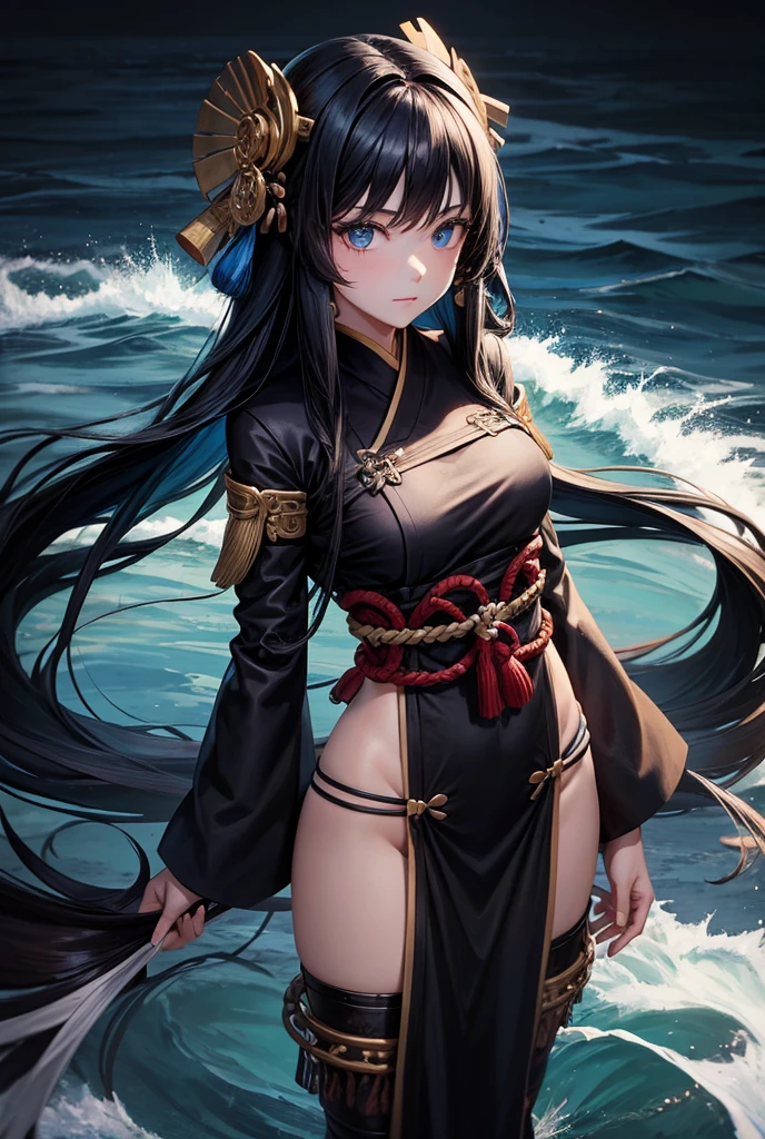 NSFW, huge visible buldge through clothes, beautiful boy, feminine small shotacon, small fragile body, black clothes (showing body), black hair, long wolfcut hair, bangs, shining sparkly black eyes, masterpiece, 8k, photorealistic, chiaroscuro lighting, dramatic shadows, cinematic composition, coast background, wearing black short, tsundere