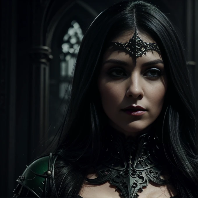 1 woman, European face, European eyes, pretty face, 30 years old, age 30, black long hair, black, green eyes, gothic style, wearing a long black dress, ultra detailed face, hyperrealistic, realistic representation, full body view, gothic style, dancing at a gothic festival