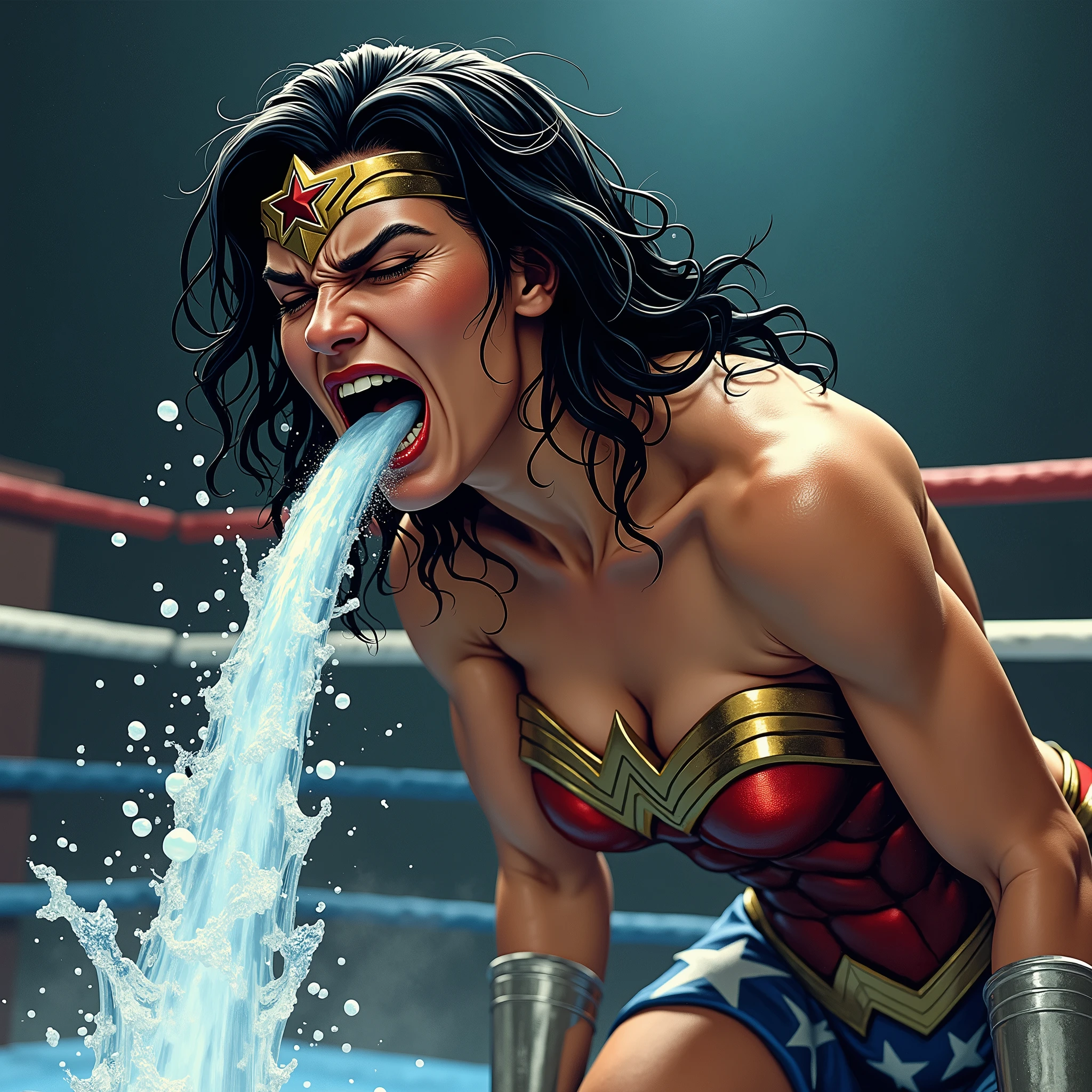 (sweaty)(muscular)A very sweaty Wonder Woman is kneeing in the ring, one hand on her belly and one hand on the floor. She's vomiting heavily, she spits out lot of visible milk repeatedly. Lot and Lot of saliva continously dropping from her mouth to the floor. There is lot of sweat on her muscular body. She's coughing and breathing hard.