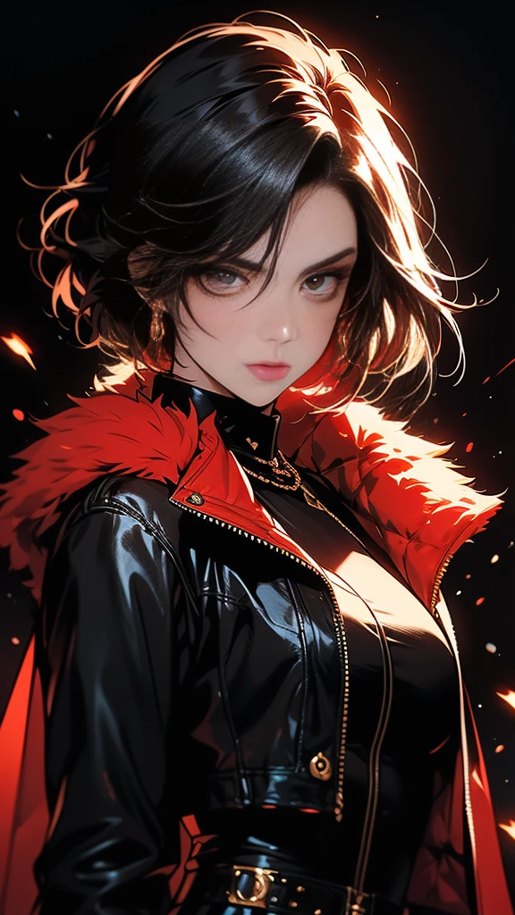 (masterpiece,HD,uhd,detailed face,dark skin female,perfect face,yellow glowing eyes, intricate details,smirk, detailed eyes,detailed retina, arms crossed,raining background,rainy season,raindrops), best quality,smirk,dark skin,toned abs,jacket and tank top,jeans,ear piercings,navel piercings,short pixie cut,brown hair, red lips, parted lips, mature female, bad-girl,dark skin female