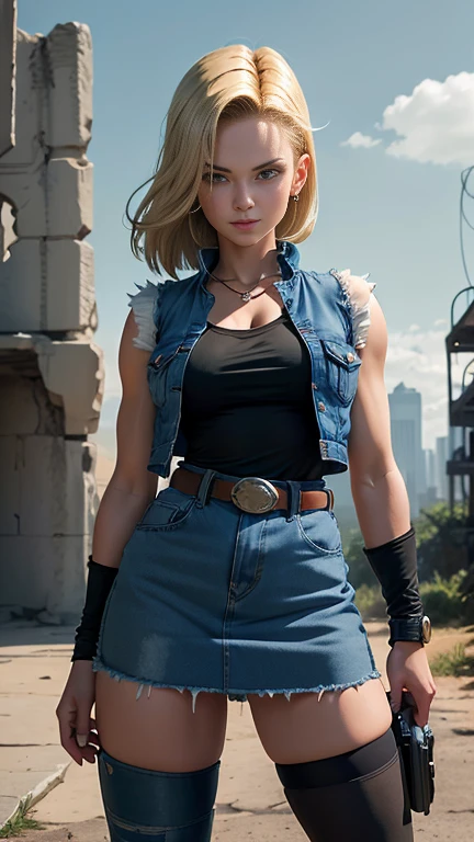 android 18, android 18, blonde hair, blue eyes, eyelash, hoop earrings, short hair, earrings, break belt, black legwear, black shirt, breast pocket, cleavage, clavicle, denim, denim skirt, high-waist skirt, jewelry, long sleeve, pocket, shirt, shirt tucked in, skirt, striped, striped sleeves, waistcoat,, break outdoors, city, null, cloud, sun, break looking at viewer, (cowboy shot:1.5), break (masterpiece:1.2), highest quality, High resolution, unity 8k wallpaper, (shape:0.8), (beautiful and detailed eyes:1.6), highly detailed face, perfect lighting, Very detailed CG, (perfect hands, perfect anatomy)