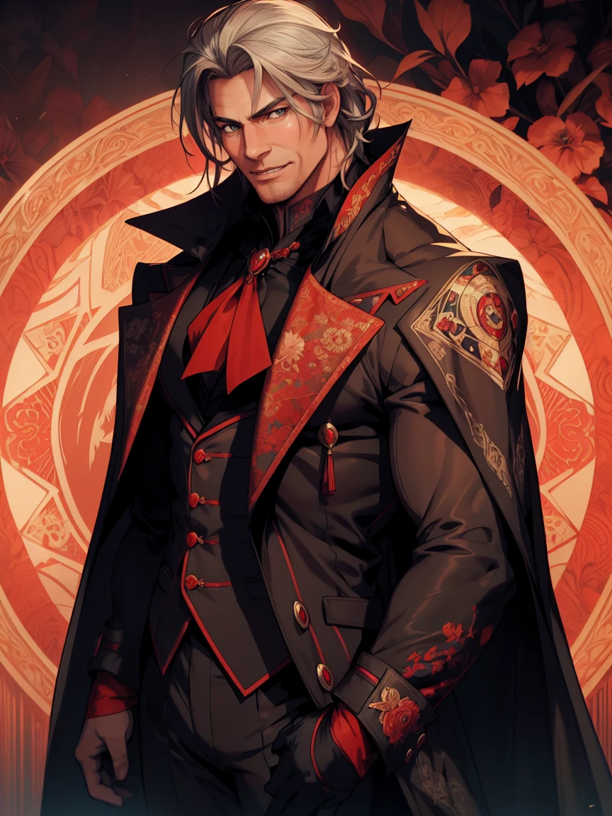 1man, vampire, handsome, pale grey skin, prominent muscular body, seems longer fangs, smile, shining red eyes, Art Nouveau Style, wearing Nouveau Suitcoat, nouveau-psychedelic background, hd, high quality, realistic-style, ultra-realistic, hyperrealistic, closer distance face, closer distance head, his distance pressing against me, 8k resolution
