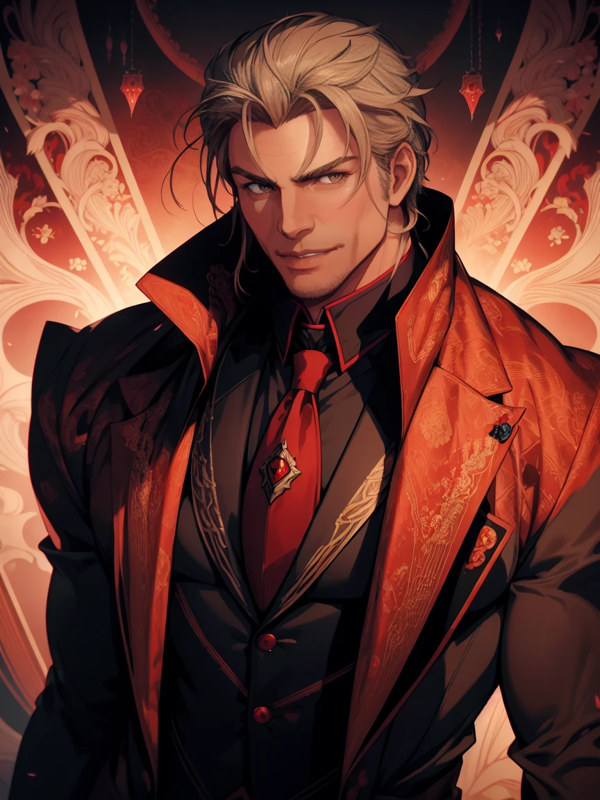 1man, vampire, handsome, pale grey skin, prominent muscular body, seems longer fangs, smile, shining red eyes, Art Nouveau Style, wearing Nouveau Suitcoat, nouveau-psychedelic background, hd, high quality, realistic-style, ultra-realistic, hyperrealistic, closer distance face, closer distance head, his distance pressing against me, 8k resolution
