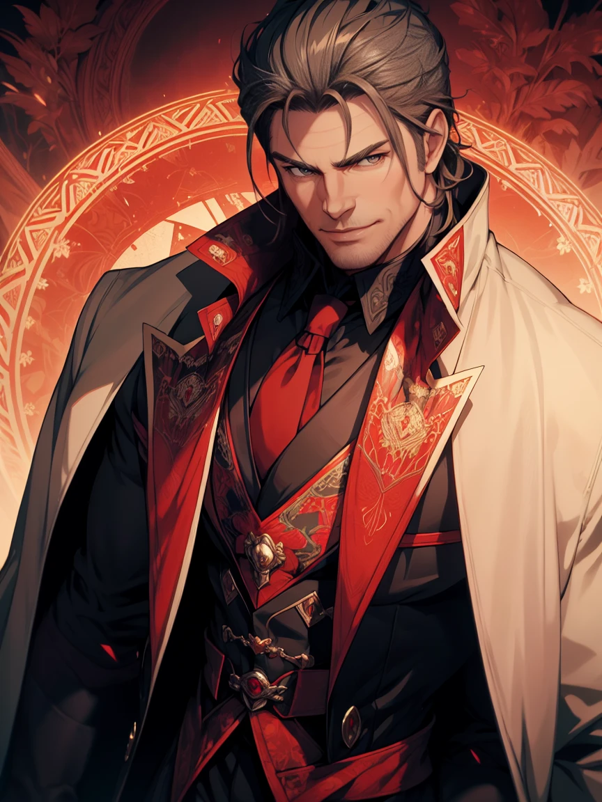 1man, vampire, handsome, pale grey skin, prominent muscular body, seems longer fangs, smile, shining red eyes, Art Nouveau Style, wearing Nouveau Suitcoat, nouveau-psychedelic background, hd, high quality, realistic-style, ultra-realistic, hyperrealistic, closer distance face, closer distance head, his distance pressing against me, 8k resolution
