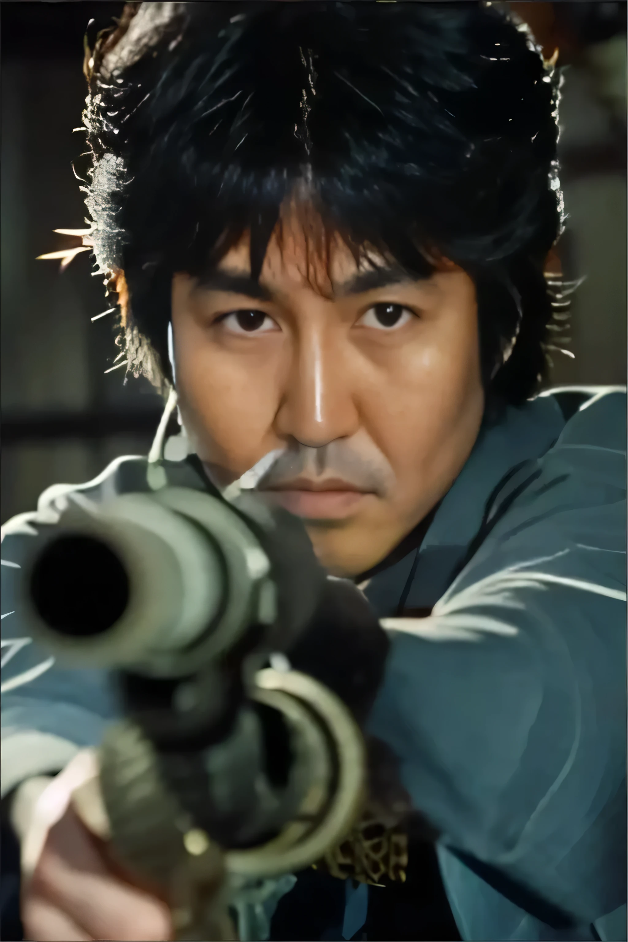 short hair, Grey clothes, Hold the rifle, Concentrated pose, Indoor Metal Background, Dramatic lighting from above and left, Deep Shadow, Serious atmosphere, Close-up shot, Shallow depth of field, Keep your rifle in sharp focus, A little underexposed.