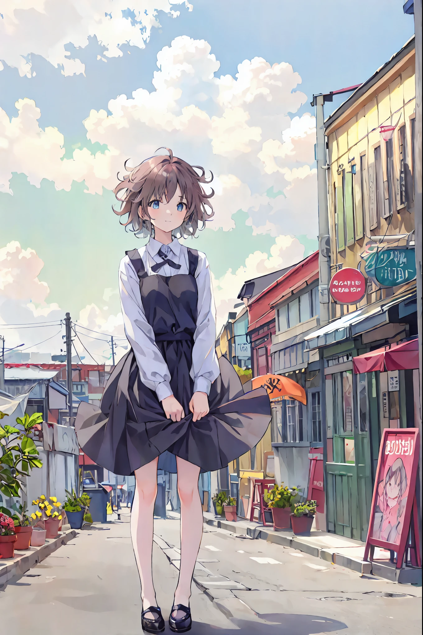 Brown Hair，Shortcuts，Messy Hair，Slender beauty，A dignified posture，Small chest，Beautiful feet，Her captivating grey-blue eyes shine like stars，（Cute older sister:1.3）、Long eyelashes、smile,Spring atmosphere、noon、Aggressive、hot、((Strong winds))、Black Skirt、Shining Eyes、Light blue Y-shirt、Cafe，Anime girl standing in front of a store