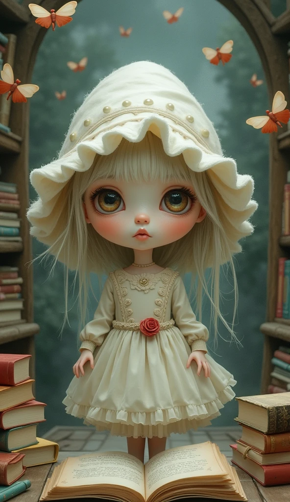 Create an image in the style of Nicoletta Ceccoli, featuring a whimsical and slightly surreal scene with a girl who has large, doe-like eyes and pale, porcelain-like skin. She is in a magic book store surrounded by dreamlike elements flying books. The setting should be both enchanting and subtly eerie, with a fairytale-like atmosphere that blends innocence and mystery. Use a soft, pastel color palette with gentle shading and smooth, almost doll-like textures. The overall composition should feel like a delicate balance between the charming and the uncanny, capturing the surreal, storybook quality typical of Ceccoli's art