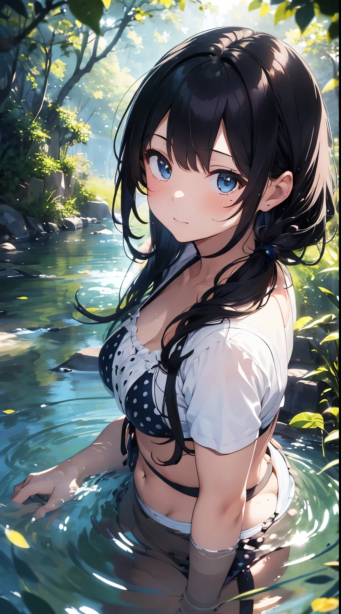 ((Highest quality)), ((masterpiece)), (detailed), (Japanese),, Black Hair,(Childish face), (Long Hair), Girl, small Breasts, ((topless)), ((Blue eyes)),half-smile ,Sunlight, arched back, (from_Side) , riverbank, flower garden,