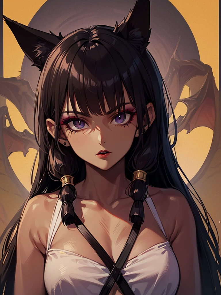 (work of art, best qualityer), standing, highy detailed, intrikate, professional art, digitl art, 20 mil, Blake Belladonna sexy (darkskin:1.85), portraite, (dragonball complex background:1.35), citys, big-ass, Bblack hair, long hair, Blunt bangs, lipstick, (purple makeup:1.1), black eyeshadow, detailed hair, Face ultra detailed, ((Cat's ears)), (Blake having a monkey tail), anime eyes, (yellow irises: 1.1), detailedeyes, face perfect, (Dona africana: 1.7), (very darkskinned female: 1.7), (tail attached to Blake&#39;s lower back:1.1), (Japanese street clothes:0.6), (hip ventilation:1.3), (bridal gauntlets:1.1), shrug (badass clothing), (badass clothing levemente transparentes:1.2), (Young female, :1.1), breasts big, neckleace, (shapely body: 1.1) Black and white clothing. white jacket. tight black leggings, white boot shorts, black lace bra. standing alone