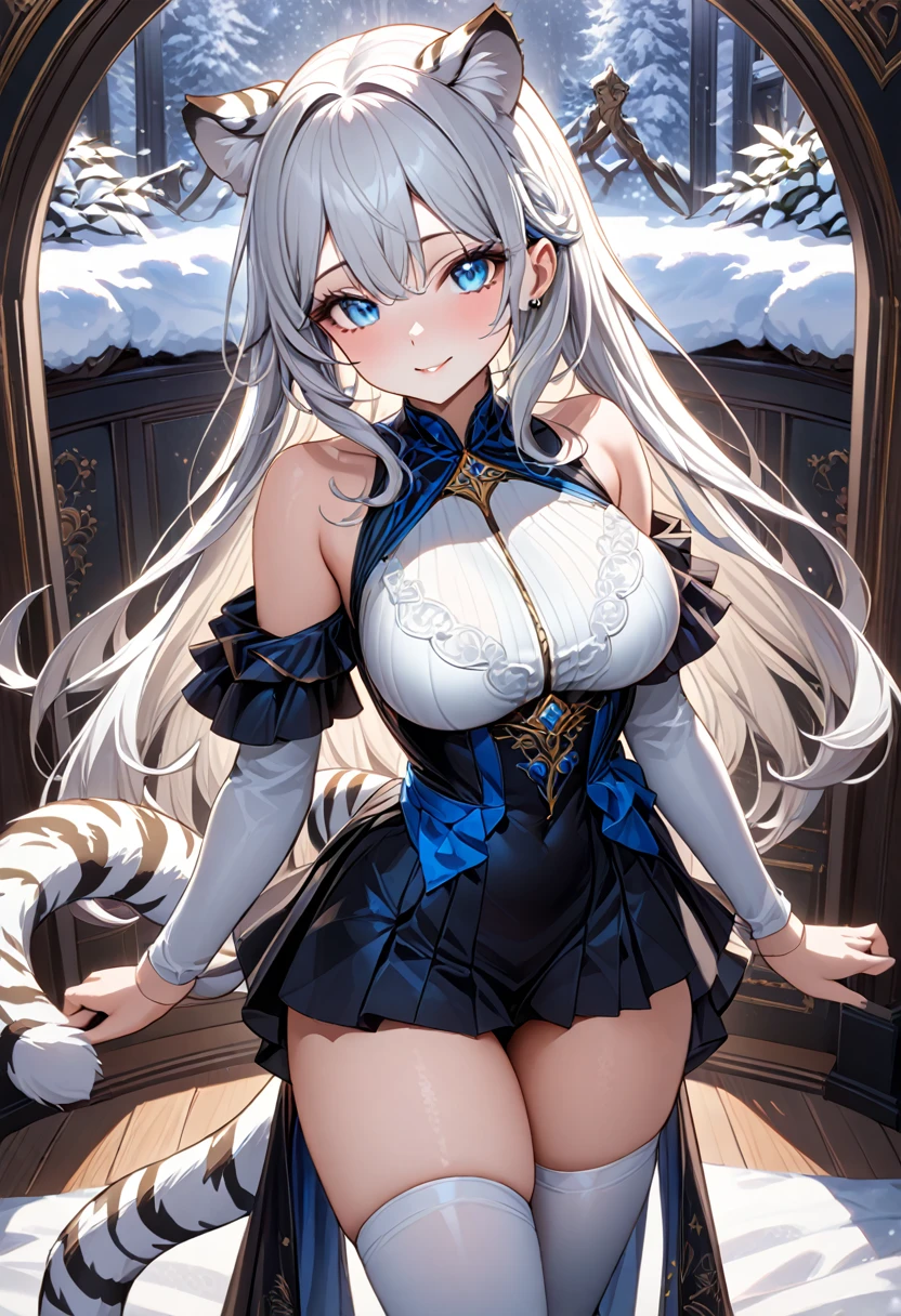 highest quality, ultra high resolution, super detailed, gorgeous, masterpiece, best quality, high resolution finely detailed, extremely beautiful, distinct image, hourglass figure, 1 girl, 2, (front-view), (side-view), soft and beautiful facial features, symmetrical face, frilly off shoulder blouse, black pleated skirt, piercing blue eyes, innocent doe shaped eyes, well endowed E-cup breasts, big ass and sexy athletic hips, tall height(190cm), slender curvy body, athletic and flexible physiques, flowing snow-white hair, narrow waist, long legs, opulent bedroom background, snow-white skin, hip-level shot, snow-white feline tiger ears, white striped tiger tail protruding out her back, front-view,