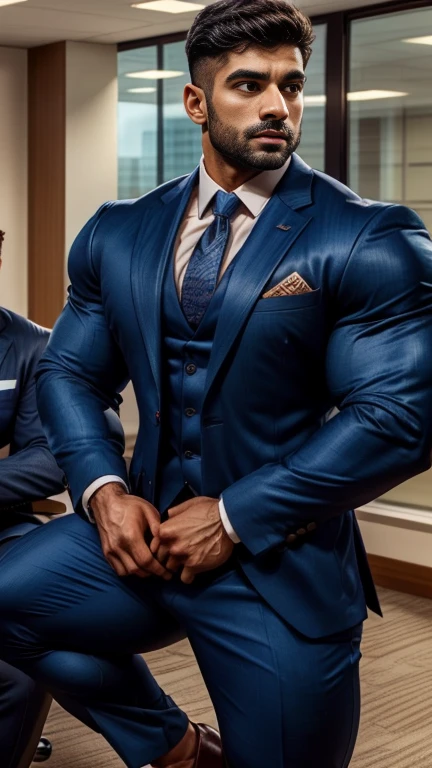 Two person standing together, 30 years old indian business suit man muscular man standing in office with huge bulge, one character, one place, one structure every thing same in all photos, stunning visual, profile image, in style of ultra realistic, standing close-up on spread legs, detailed style, functional and elegant look, in style of realistic, crisp details