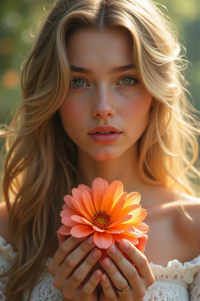arafed woman with flowers in her hair posing for a picture, flowers in hair, flowers in hair, flower storm portrait, woman in flowers, flower in her hair, flowers on hair, flower goddess, beautiful portrait photo, girl in flowers, roses in her hair, flower in hair, photo of a beautiful woman, photography portrait 4 k, beauty portrait, ((symmetrical eyes))
