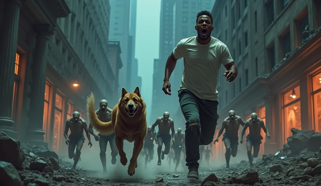 a tall, black man in white t-shirt and pant and a brown fur dog, running,man is crying,horrifying for help expressions on faces, and army of mutant human virus-infected, with pale skin,tall,big, bald and torn, clothes, running behind them, chasing them, they wear only pants,and their mouths are horribly open big in size,clear images of mutants in the background,night time,newyork city destroyed
