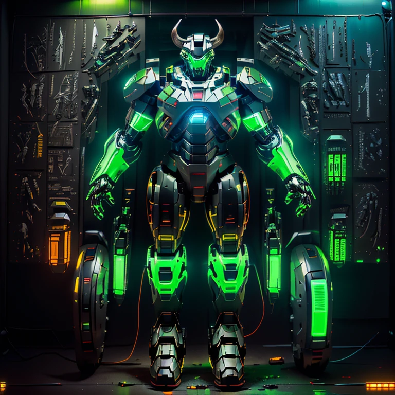 a photo of a mecha robotical minotaur, base on mythological Centaur, digital art, highly detailed, photorealistic, cinematic lighting, intricate machinery, gleaming black metal and acid green neon light, glowing energy, dynamic pose, epic scale, futuristic, science fiction