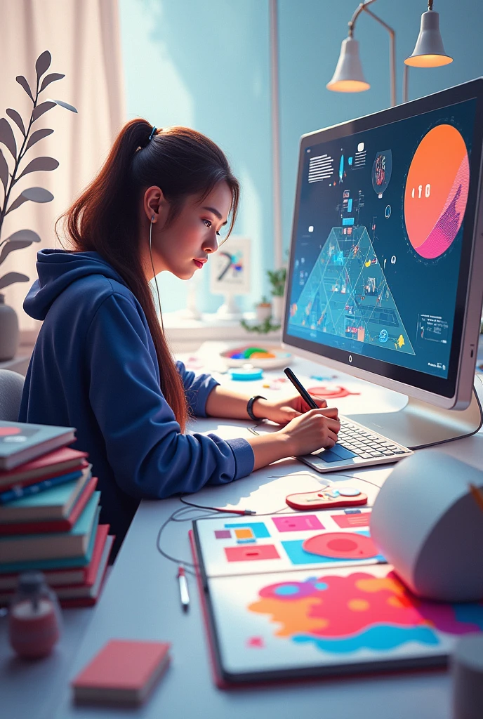Create an image of a professional Malayan pretty beautiful woman working as a graphic designer in a modern, stylish office. She is seated at a sleek desk with a large, high-resolution monitor displaying vibrant, creative design work. The workspace is filled with design tools like a drawing tablet, color palettes, and inspirational posters on the wall. She is focused and confident, dressed in hippie casual professional attire.